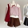 Women Collared Striped Knit Sweater PreppyKnit Bow Decor Ribbed Waist Long Sleeve Pullover