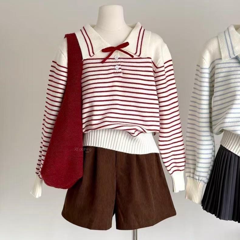Women Collared Striped Knit Sweater PreppyKnit Bow Decor Ribbed Waist Long Sleeve Pullover