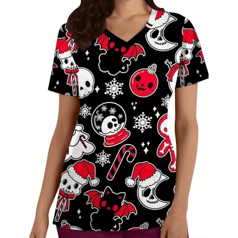 

Halloween Surgical Uniforms Woman Cute Print with Hearts Bats Print V Neck Short Sleeve with Pockets Scrubs Uniform Woman Tops S