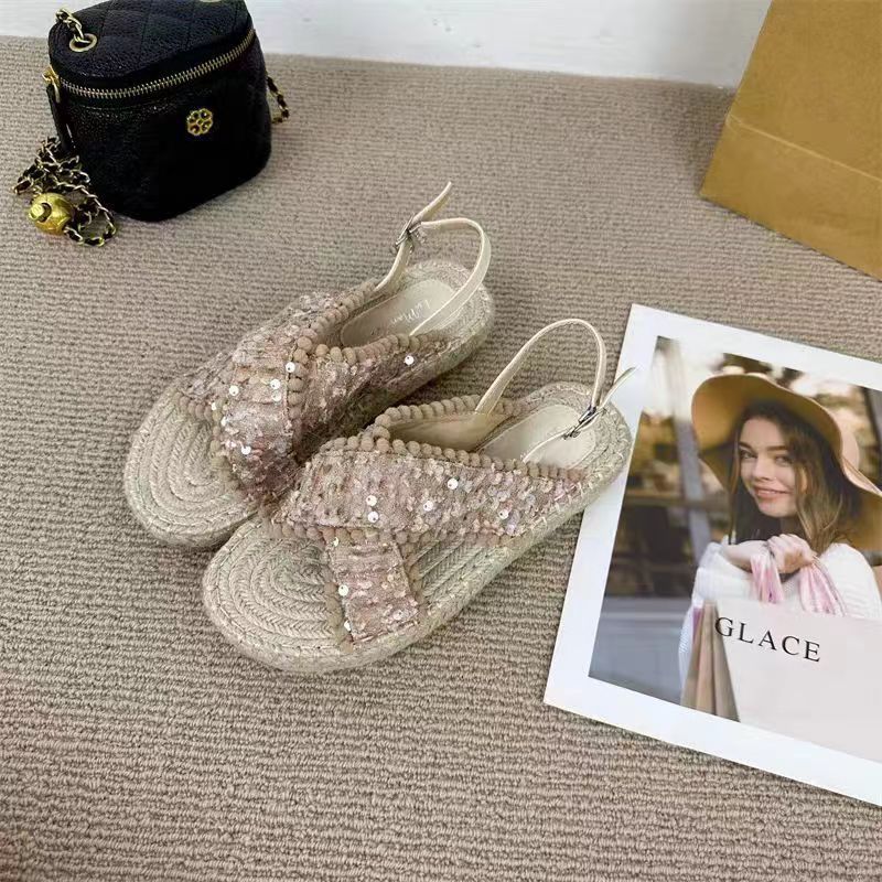 Foreign trade sandals women wear new retro fairy wind full hemp rope bottom Roman beach sandals in summer 2025