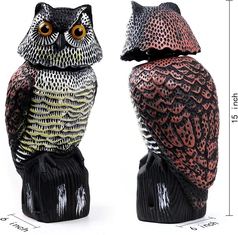 Fake Owl Decoy Plastic Owl Scarecrow Sculpture with Rotating Head and Sound for Garden Yard Bird Repellent Outdoor