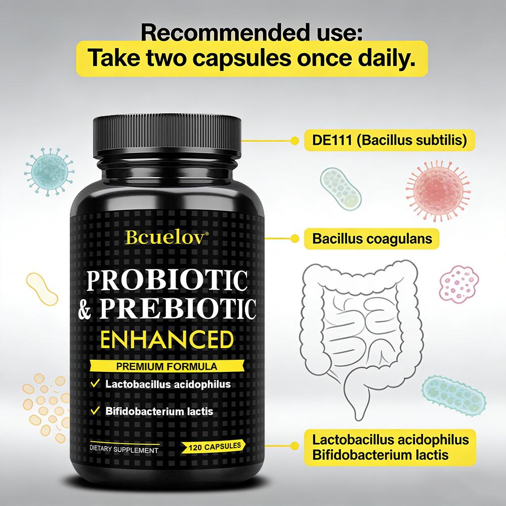 Bcuelov Probiotics and Prebiotics Capsules, containing 440 million live bacteria, 120 capsules.