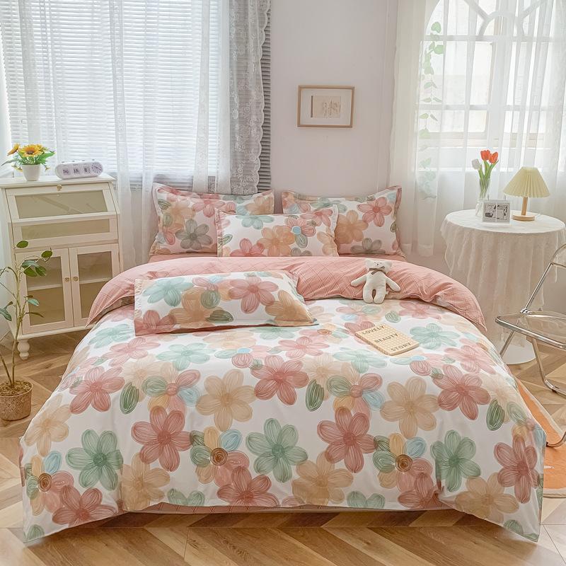 Pure Cotton Abraded Bedding Four-piece Set, Bed Sheet Quilt Cover, Dormitory Cotton Three-piece Set