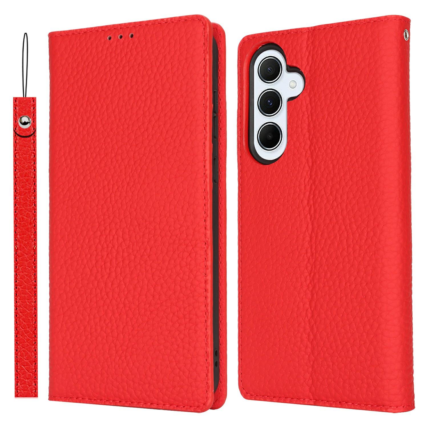 

For Samsung Galaxy S25 Case Wallet Genuine Cow Leather Phone Cover Litchi Texture Red