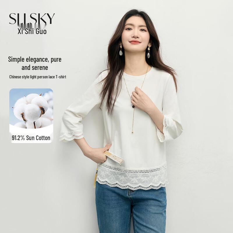 Sllsky Women s Embroidered 3/4 Sleeve T-Shirt 2XL