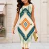 Women Plus Size Round Neck Sleeveless Printed Bodycon Midi Dress