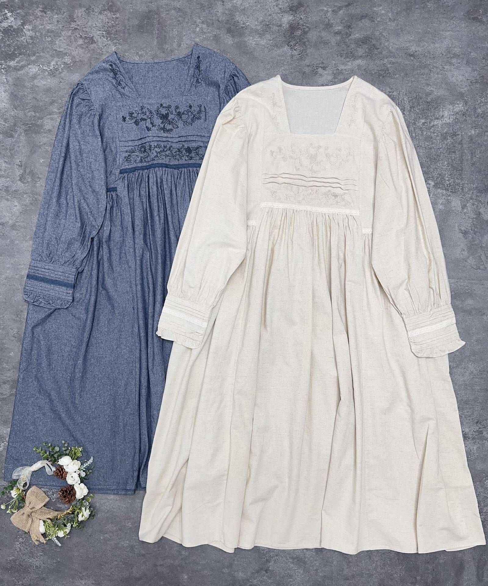 

Johnature Японская вышивка Платье с плиссировкой Весна Ретро Простое Квадратный вырез Женские платья One Size синий