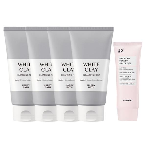 HAPPY BATH White Clay Cleansing Foam 150g x4 + ARTDELI Melacut Sunscreen 50ml