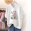 Short-sleeved T-shirt for Women, Large Size, Loose and Slimming, Printed V-neck Top
