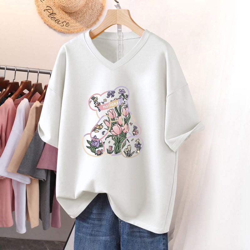 Short-sleeved T-shirt for Women, Large Size, Loose and Slimming, Printed V-neck Top