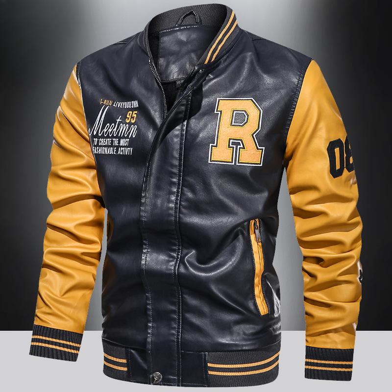 Spring and Autumn Youth Baseball Jacket Fleece PU Leather Jacket Men's Motorcycle Jacket Men's Jacket