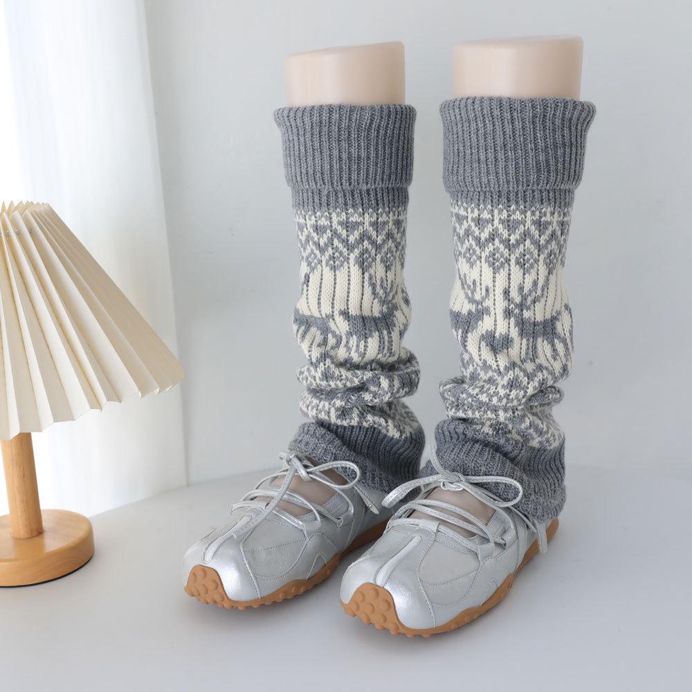Fair Isle Vintage Knit Reindeer Leg Warmers - Grey, Cream, & White Women's Calf Socks