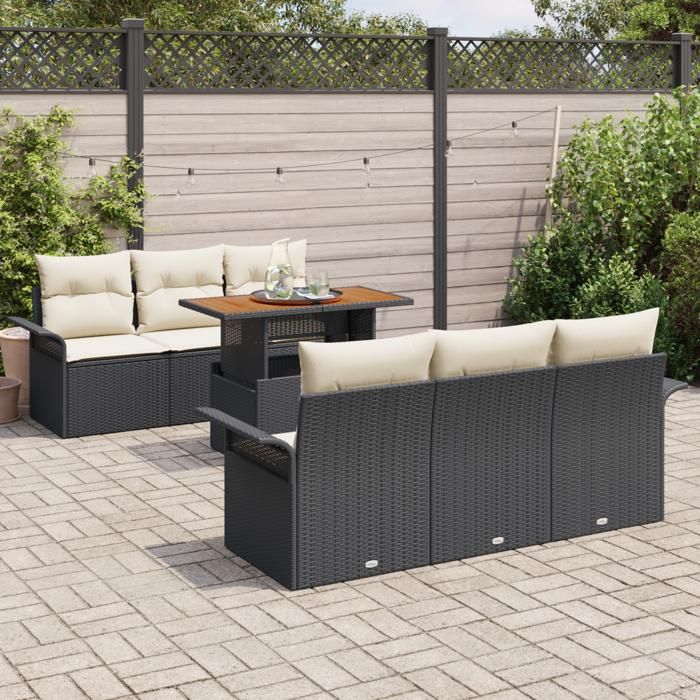 Ensemble de canapé de jardin 7 pièces avec coussins Noir en poly rotin, Canapé de jardin 2 places avec rangement et coussins 3358014