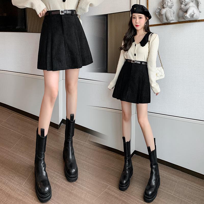 Women's High-Waisted Corduroy Wool Pleated A-line Skirt with Anti-Exposure Shorts - 2025 Autumn/Winter Collection