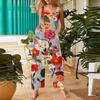 Women's Floral-print Casual Loose Retro Drawstring Cotton And Linen One-piece Pants