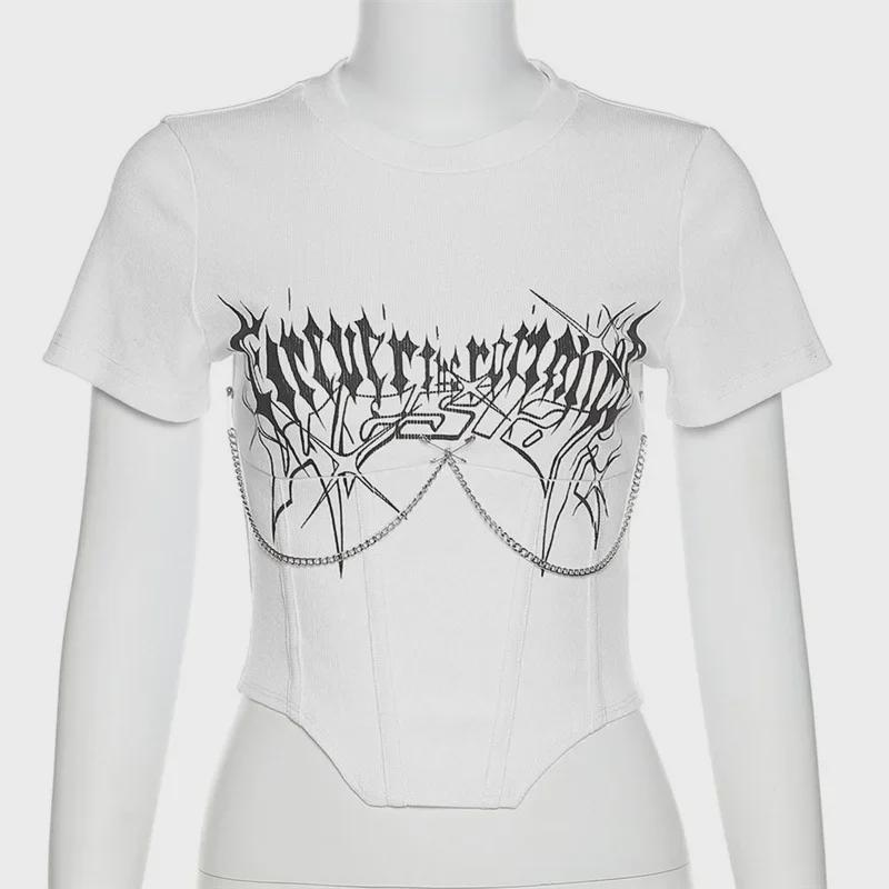 2024 Frühjahr/Sommer Damen Street Fashion Metallkette & Blumendruck Crop Top