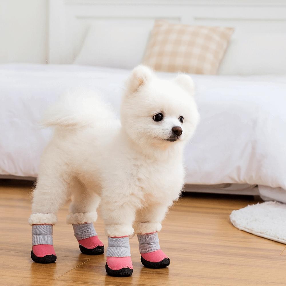 4pcs/set Warm Non-Slip Dog Shoes Thick Plush Soft Sole Winter Pet Boots Breathable Comfortable Dog Cotton Shoes Rain Snow Day