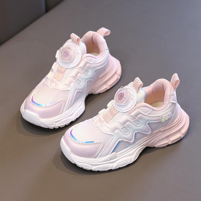Girls Spinning Button Sneakers 2025 Autumn New Running Children's Shoes Spinning Button Girl Princess Soft-soled Shoes