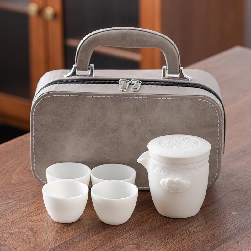 High-end Hand-painted Suet Jade Porcelain Travel Tea Set, One Pot and Four Cups of Boutique Teapot Teacup Outdoor Portable Gifts