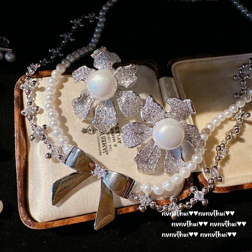 Mermaid Bubble Flowers Gem Pearl Earrings, Tahiti, Bow Star Zircon, Pearl Necklace