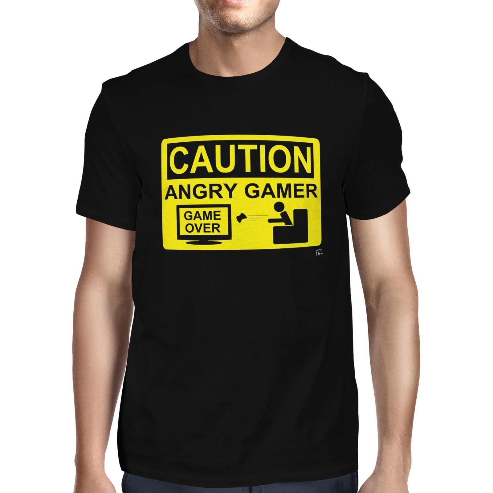 1Tee Mens Caution Angry Gamer T-Shirt XS