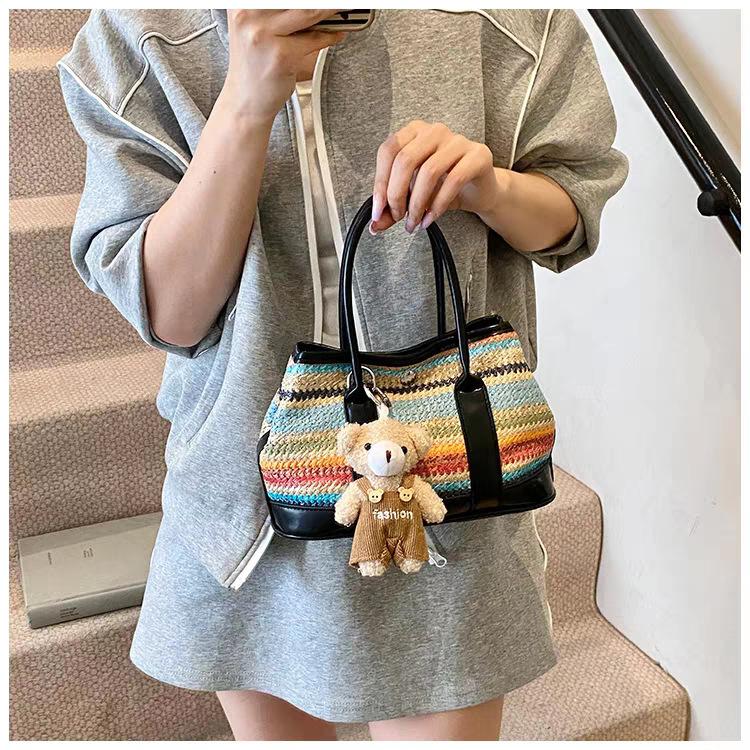 

Hand-carried Contrast Color Woven Bucket Bag Women s Korean Fashionable Shoulder High-end Casual 25 x 11 x 16 single package чорний