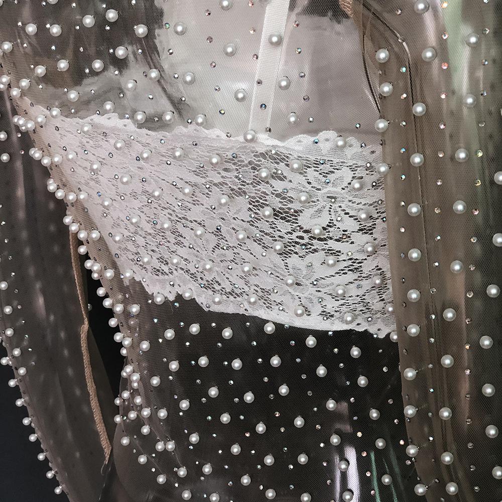 Women's Sexy See Through Lace Shiny Diamonds Inner Mesh Long Sleeve Top