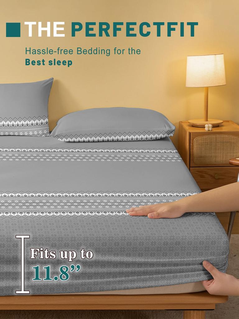 1 Basit Modern Geometri Baskılı Mat Lastikli Çarşaf, Yatak Odası Baskılı Yatak Örtüsü, Yatak Takımı (Yastık Kılıfı Hariç)