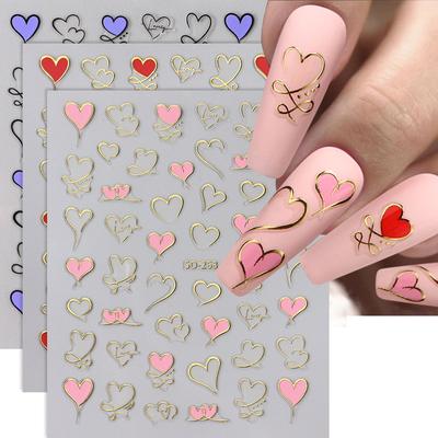 Heart Nail Decals 3D Red Pink Golden Love Design Nail Stickers Adhesive Valentine Sweet Nail Manicure Slider