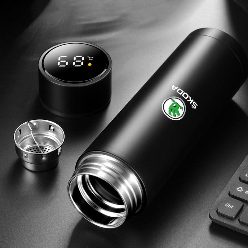 500ml Chytrý termo hrnek s filtrem na kávu, termoska na nápoje, ukazatel teploty pro Škoda Yeti Fabia Kodiaq Kamiq Superb Octavia Enyaq Rapid Karoq Derivati