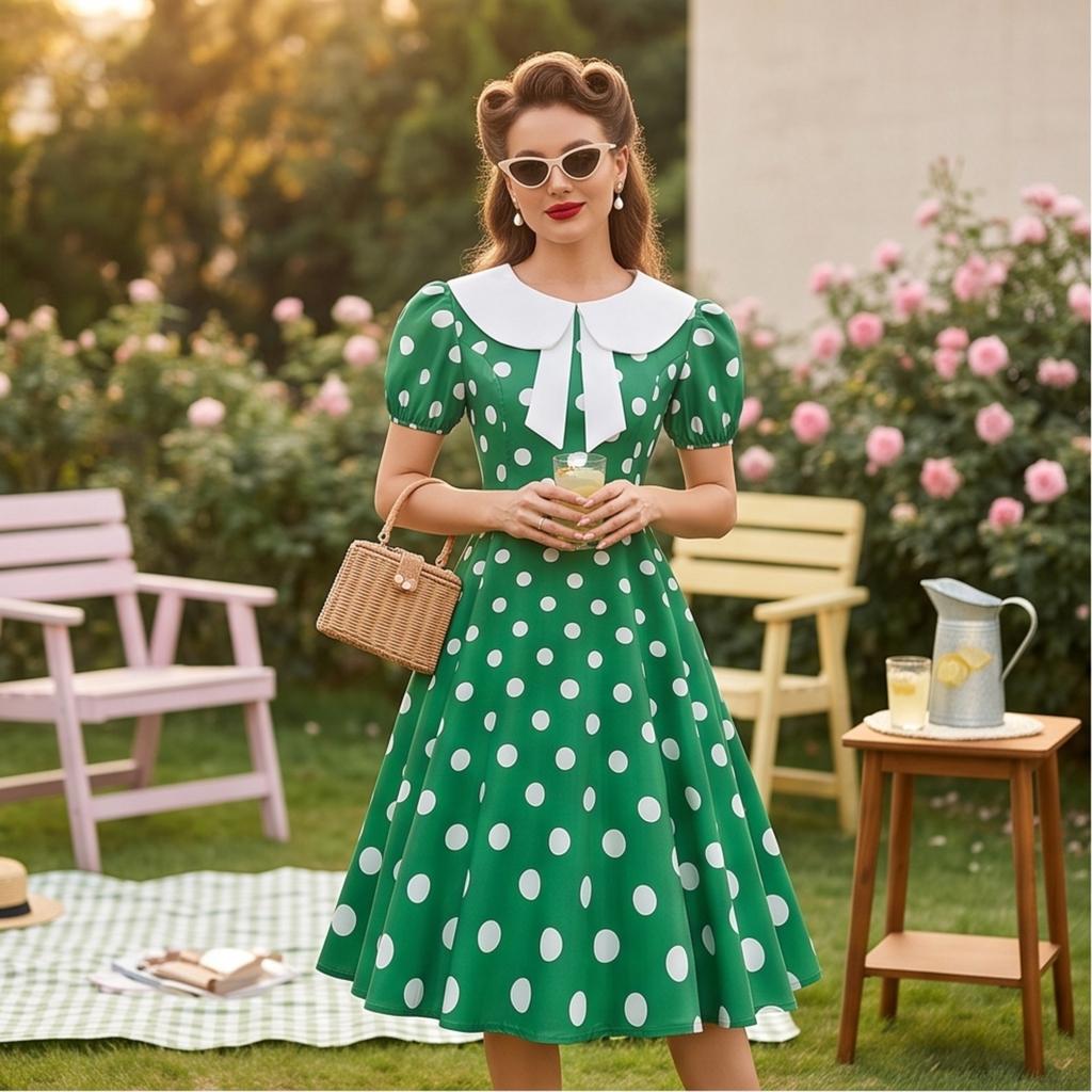 Damen Casual Polka Dot Kleid mit Kragen und Puffärmeln Schlanke Passform