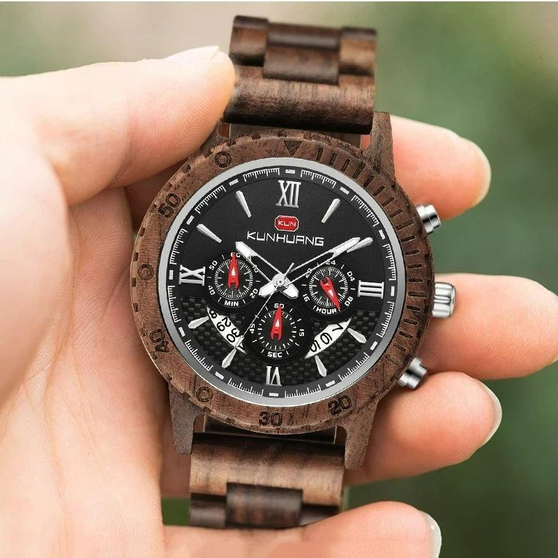 Men Natural Walnut Wood Watch Multifunctional Chronograph Quartz Wristwatch Roman Numeral Dial Sport Wooden Band Watch