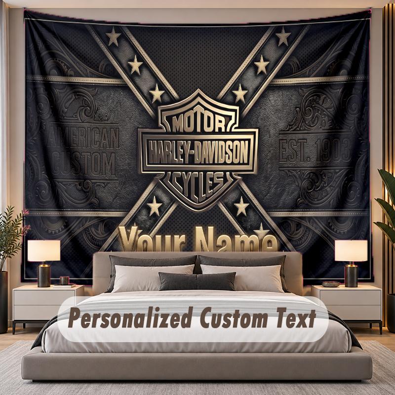 Custom Name Text Tapestry Harley-Davidson Personalized Polyester Wall Tapestry For Bedroom And Room