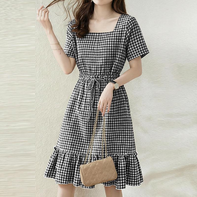 ZANZEA Women Casual Square Collar Summer Short Sleeve Grid Print Dress S