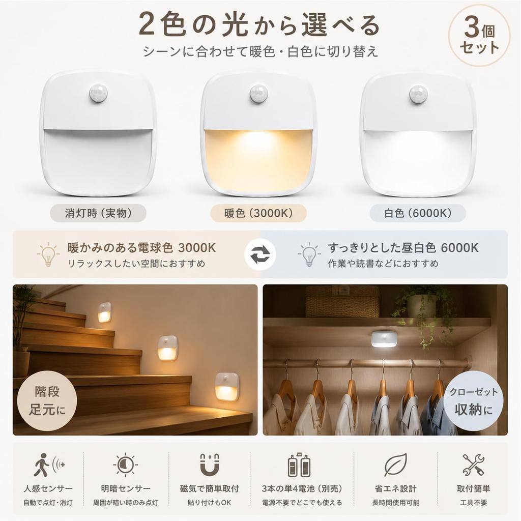 Motion Sensor Lights, Set of 3, 3000K Warm White6000K Cool White Switchable, Footlight, Bulb Color, Magnetic Mount, LED, Wireless, Automatic OnOff,