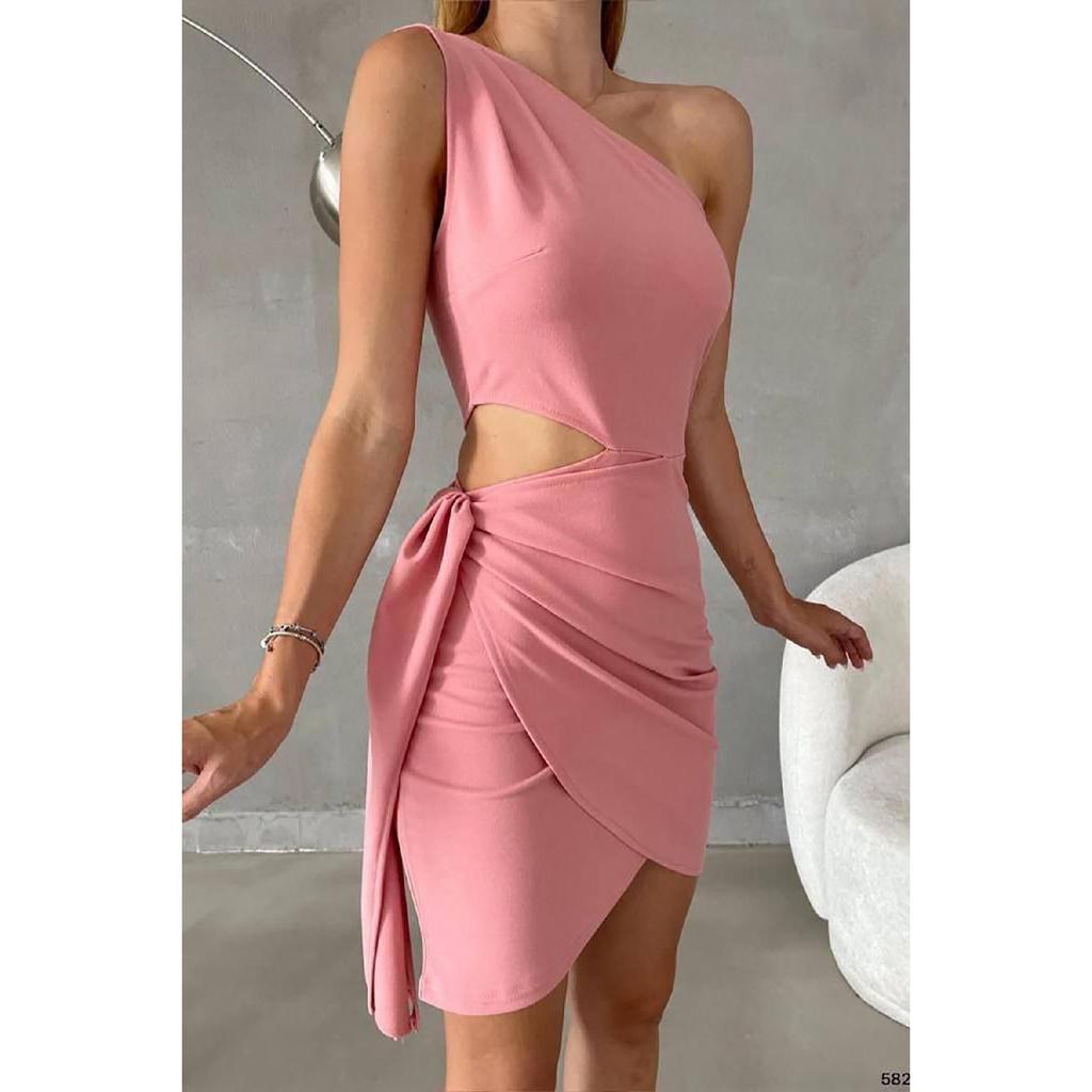 Red Asymmetrical Cut Crepe Dress With Tied Skirt