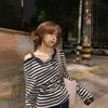Korean striped fake two-piece one-word shoulder long-sleeved t-shirt women's autumn 2026 new loose lazy sweet hottie top