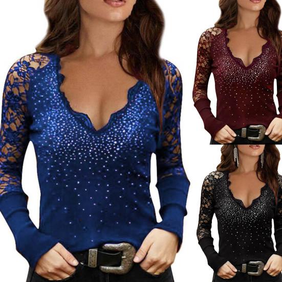 Slim Fit Long Sleeve Women Blouse Low Cut Lace Sleeve V-neck Hot Drilling Blouse Streetwear