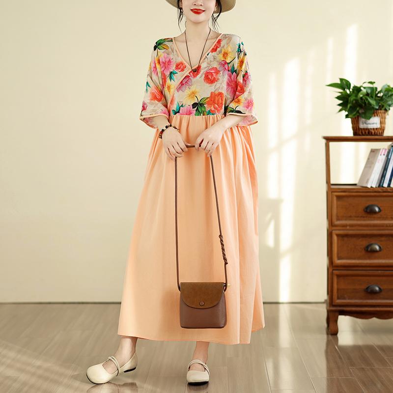 DIMANAF New 2026 Women Plus Size Casual Long Dress Summer Cotton Loose Oversize Maxi Beach Sundress Elegant Vintage Lady Print Floral