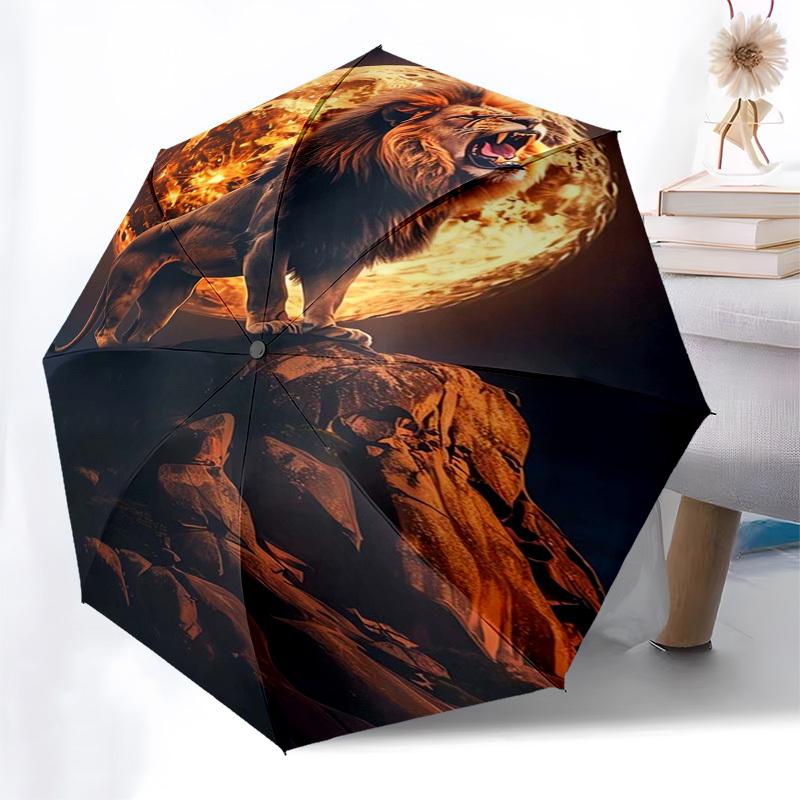 Lion Moon Themed Automatic Opening and Closing Umbrella, Compact Travel Umbrella, Lightweight and Portable, Suitable for Beach Commuting Bus