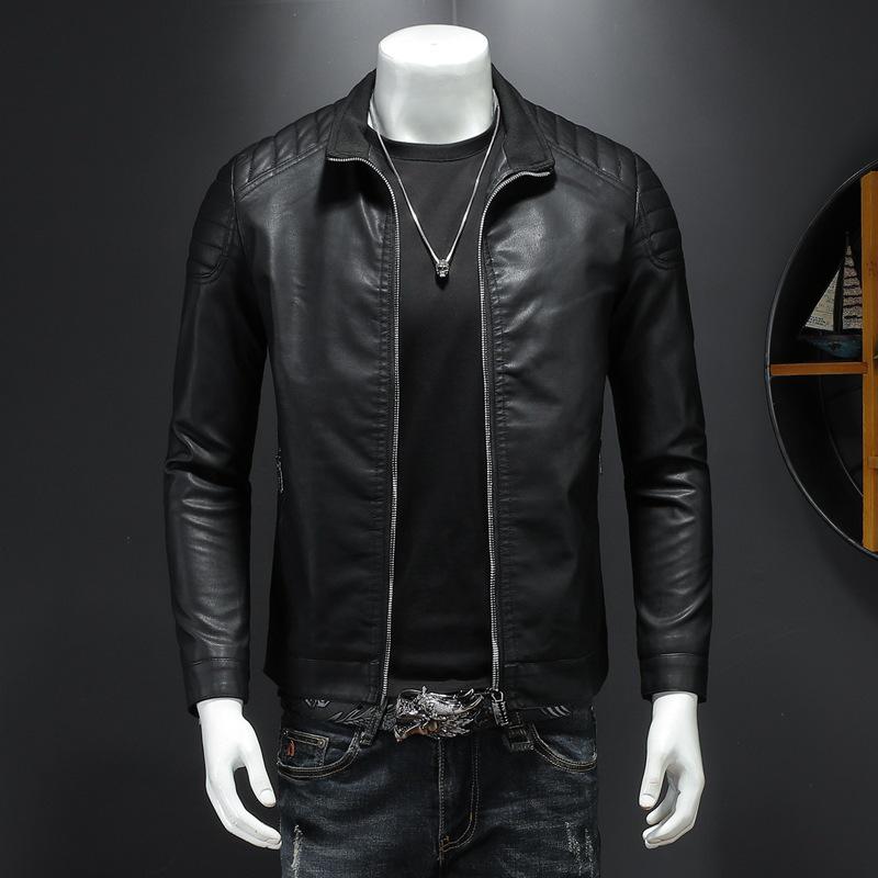 Men's Slim Fit Stand Collar Leather Jacket - Trendy Korean Style for Spring 2023