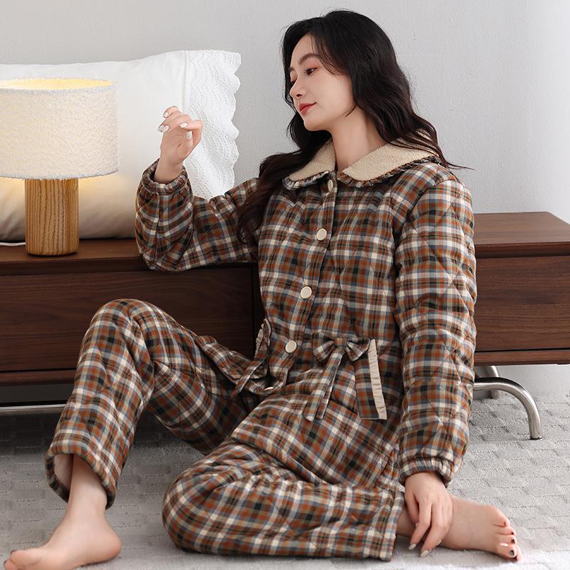 Winter Pajamas Women's New Woven Plaid Clip Padded Jacket Three-layer Warm Suit Velvet Thickened Outer Wear Loungewear