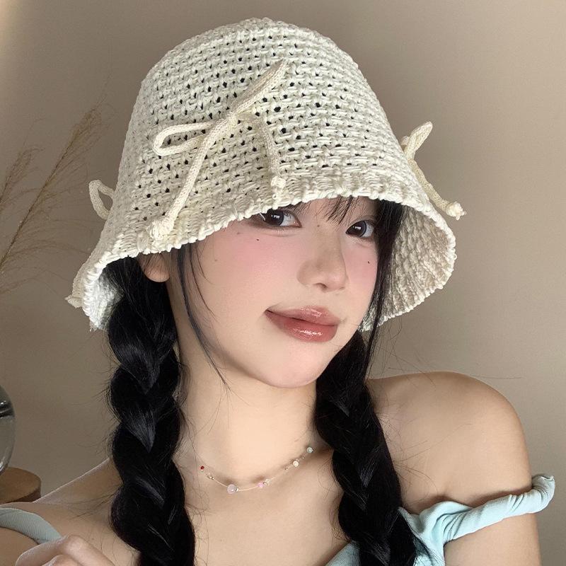 Bow bucket hat women's new spring and summer breathable sunscreen bucket hat show face small hat