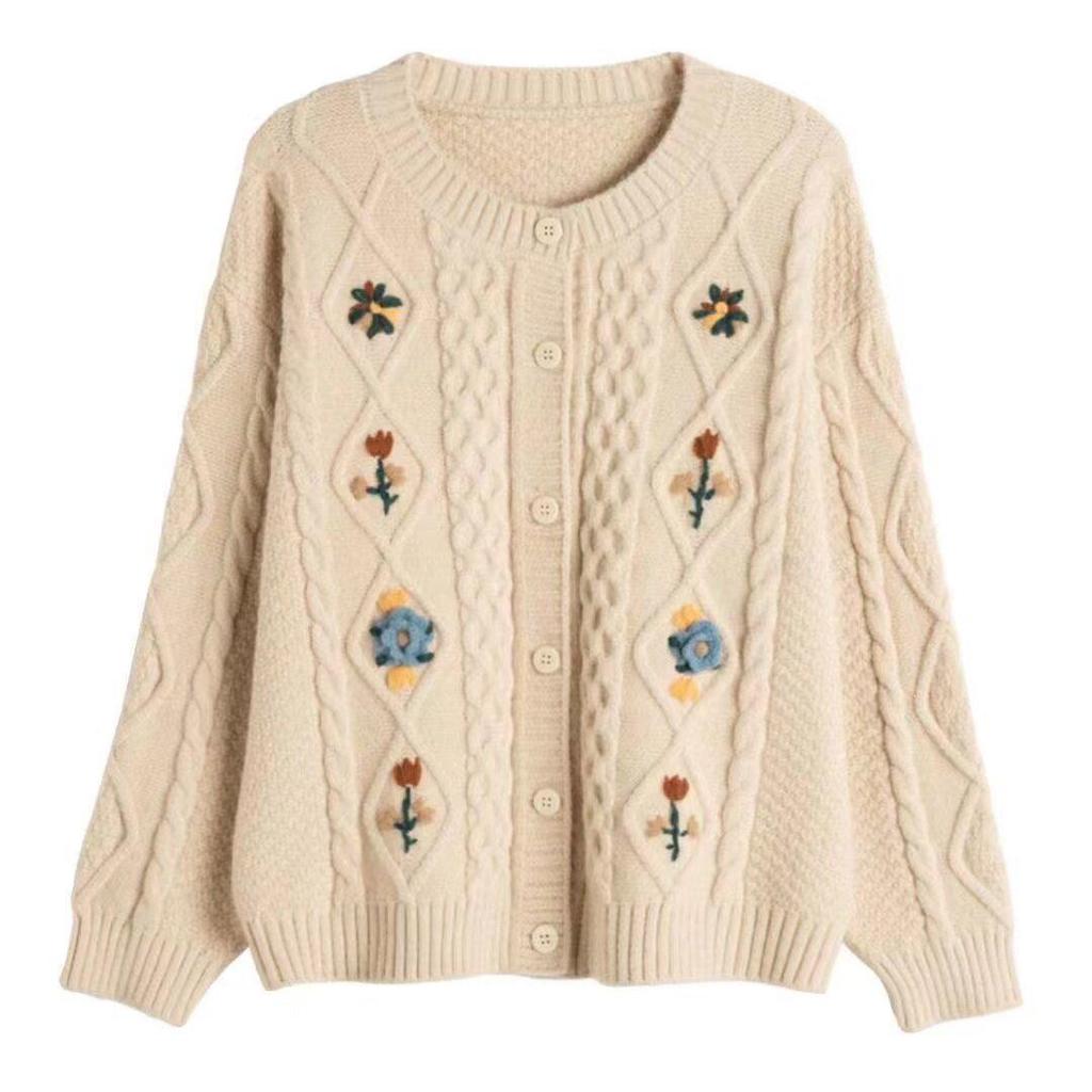 Women's Retro Embroidered Knit Cardigan Sweater Coat - Autumn/Winter 2026 Loose Top