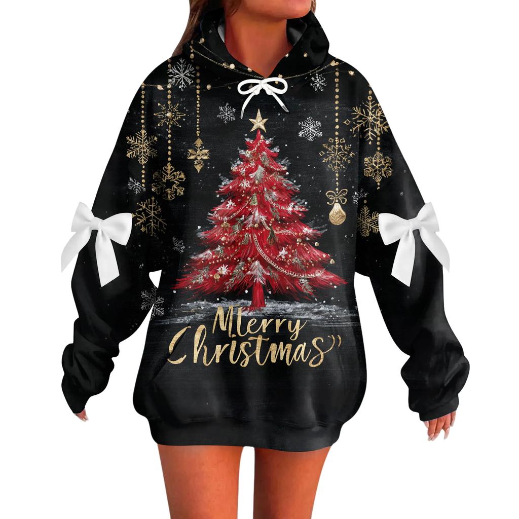 Ladies' Christmas Printed Bow Long Sleeved Loose Fitting Headband With Rope Hooded Sweatshirt Top