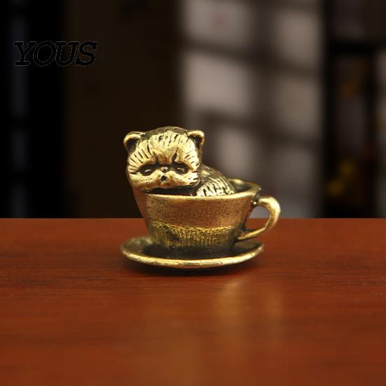 Unique Gifts for Cat Lovers Miniature Teacup Statue, Cute Brass Dog Figurine, Artistic Home Office Desk Decor Collectable Animal DIY Craft,
