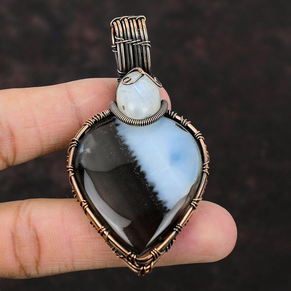 Owyhee Blue Opal Copper Wire Wrapped Pendant Handmade Gemstone Pendant Copper Jewelry For Gift Rainbow Moonstone Pendant Wire Wrap Jewelry