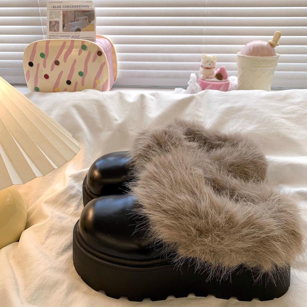Warm and heightened thick-soled bag head, plush fashion, fluffy shoes, fashion snow boots, cotton slippers, one pedal