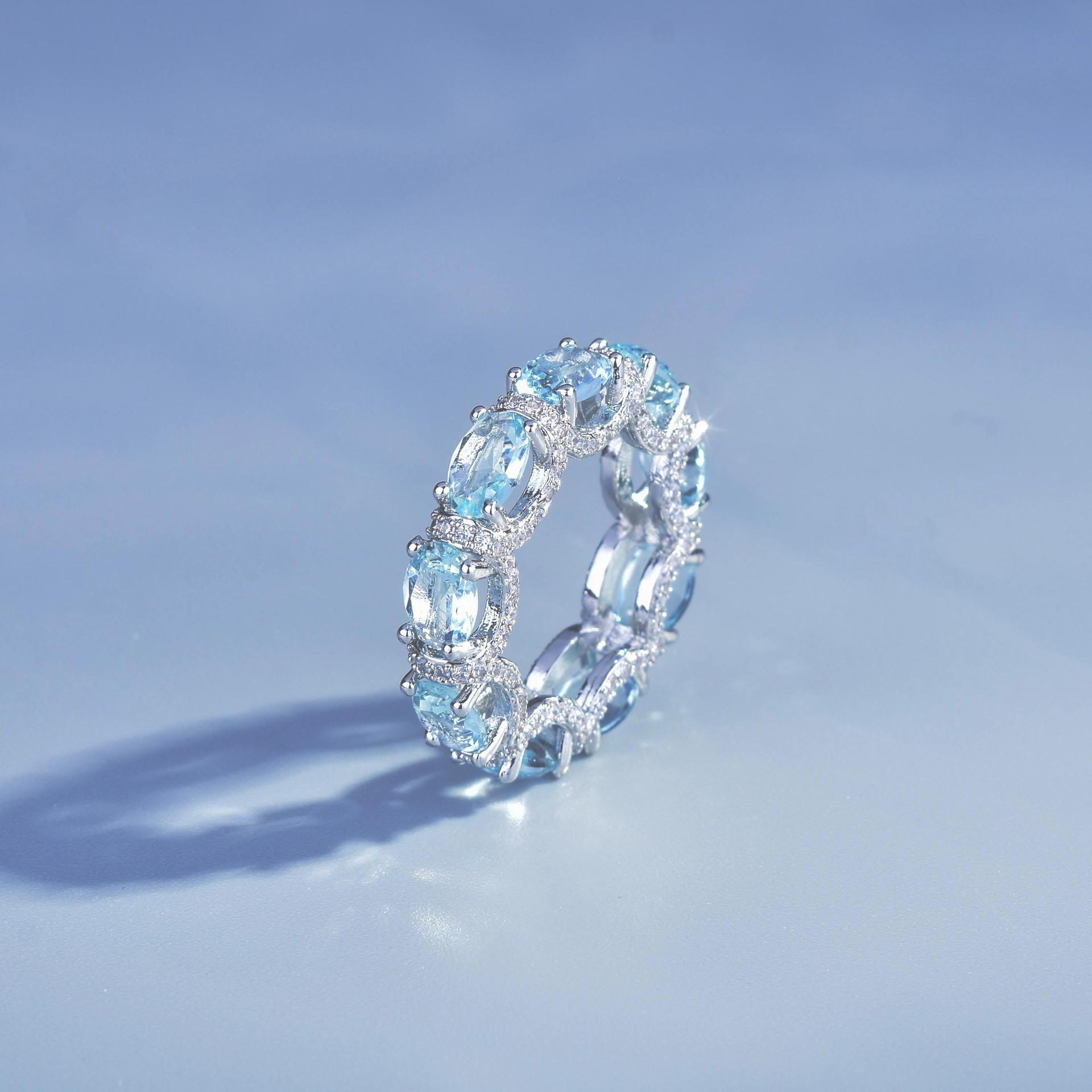 

Elegant Micro Paved Diamond Aquamarine Stacking Rings for Women Princess Lace Edge Blue Gemstone Jewelry 6