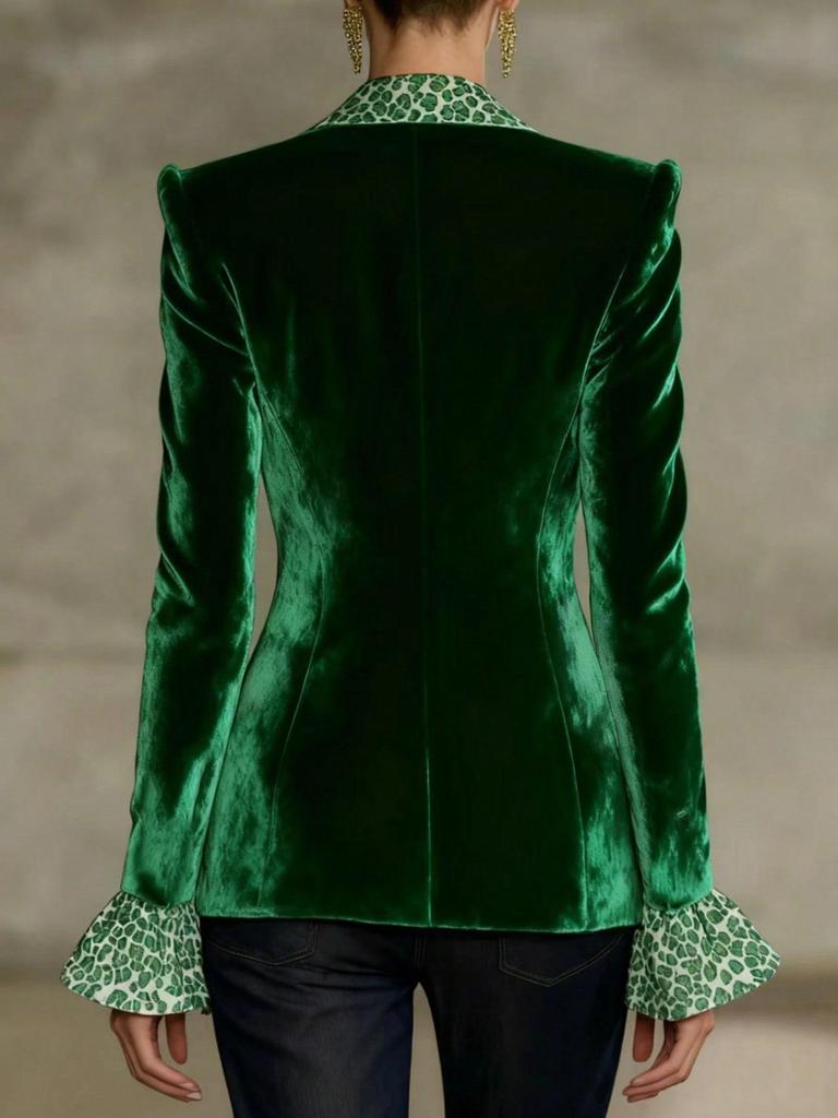 Multi-color Leopard Print Velvet Suit with Bell Sleeves and Faux Pockets - Women's Fashion